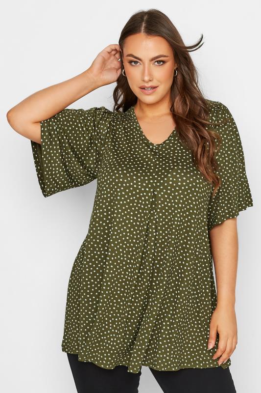 Plus Size Khaki Green Polka Dot V-Neck Top | Yours Clothing 1
