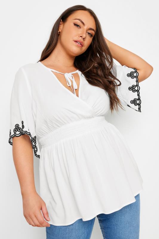 YOURS Plus Size White Chambray Embroidered Top | Yours Clothing 2