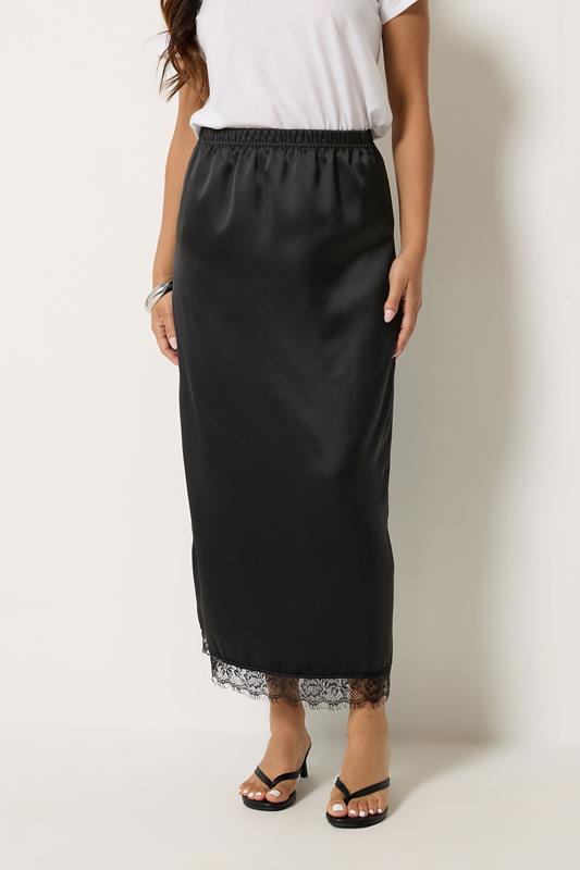 PixieGirl Petite Women's Black Lace Hem Satin Maxi Skirt | PixieGirl 2