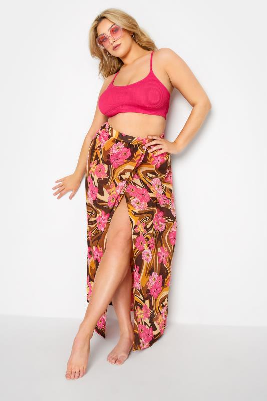 Plus Size Brown Marble Floral Print Side Split Beach Skirt | Yours Clothing 2