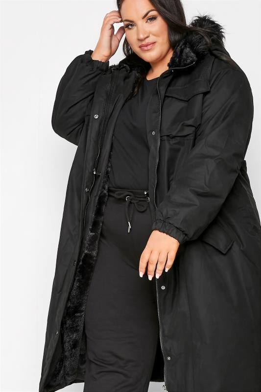 Plus Size Black Faux Fur-Lined Maxi Coat | Yours Clothing 2