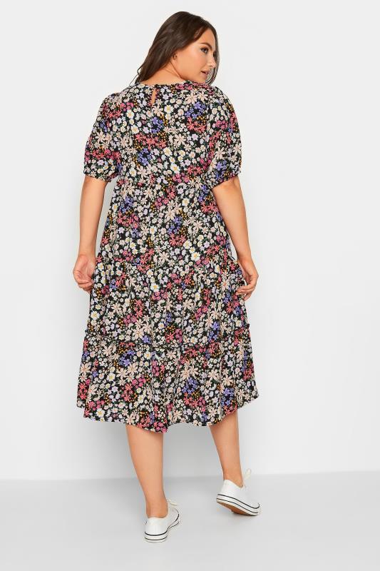 YOURS Curve Plus Size Black Floral Short Sleeve Midi Dress | Yours Clothing  3