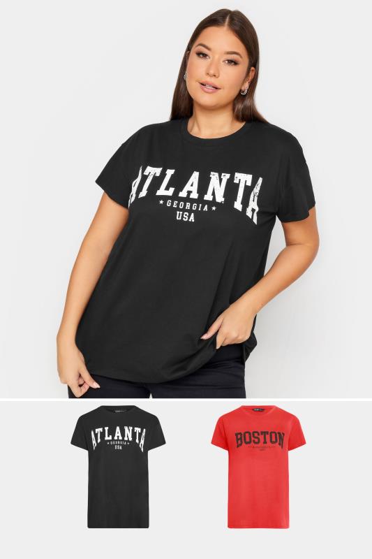 YOURS Plus Size 2 PACK Black & Red 'Atlanta' & 'Boston' Slogan T-Shirts | Yours Clothing 2