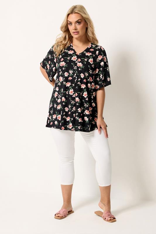 YOURS Plus Size Black Floral Pleat Front Short Sleeve Top | Yours Clothing 1
