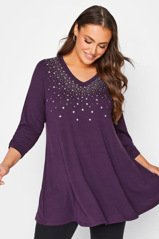 Plus Size  YOURS Curve Purple Star Stud Embellished Swing Top