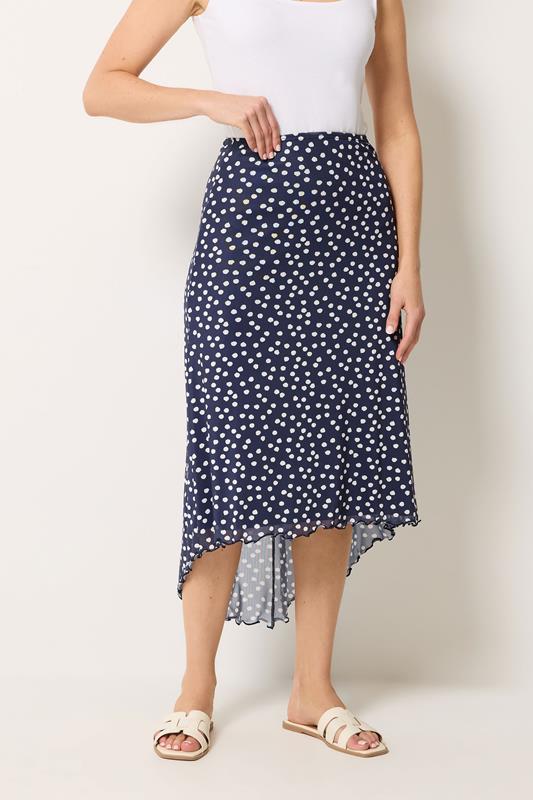 LTS Tall Women's Navy Blue Polka Dot Dipped Hem Mesh Midi Skirt | Long Tall Sally 1
