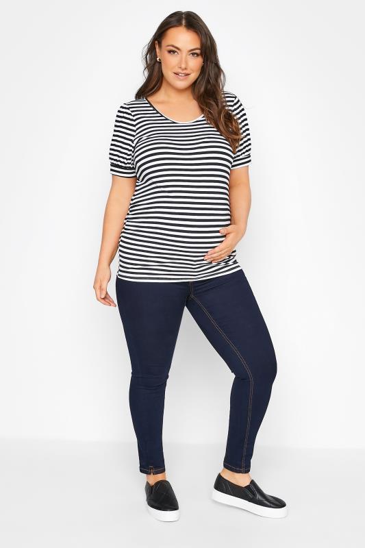 BUMP IT UP MATERNITY Plus Size Black Stripe Puff Sleeve T-Shirt | Yours Clothing  2