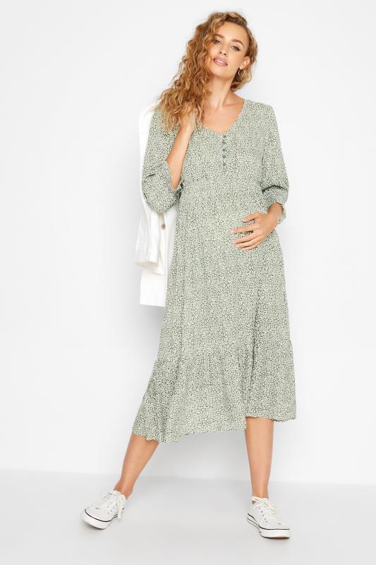 LTS Maternity Sage Green Ditsy V-Neck Button Tiered Midi Dress | Long Tall Sally 1