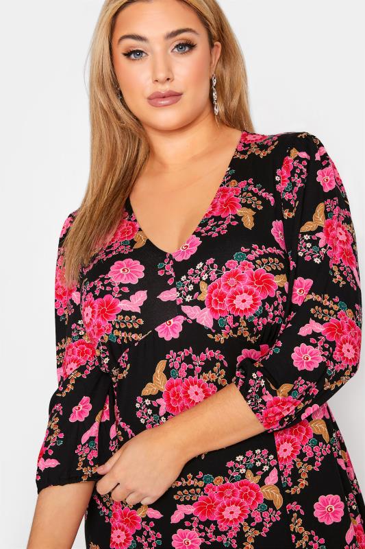 YOURS LONDON Plus Size Black & Pink Floral Side Split Maxi Dress | Yours Clothing 4