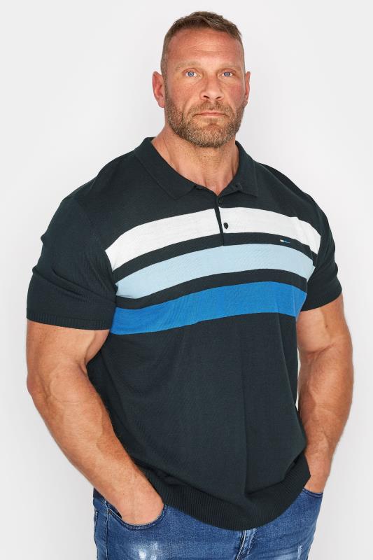 Plus Size  BadRhino Big & Tall Navy Blue Stripe Print Knitted Polo Shirt