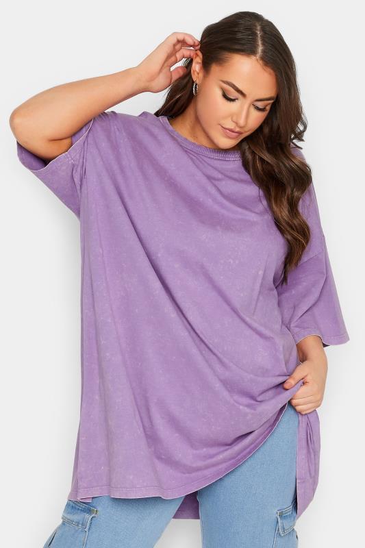 YOURS Plus Size Curve Purple Acid Wash Tunic T-Shirt | Yours Clothing  1