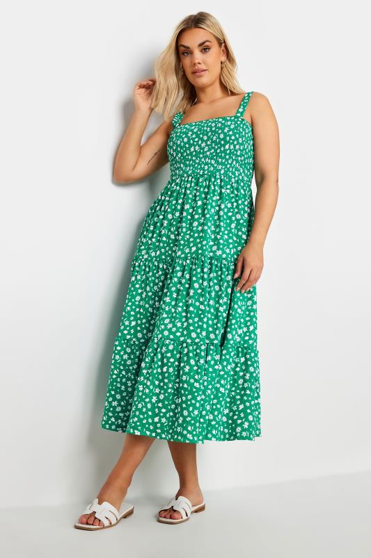 Plus Size  YOURS Curve Green Ditsy Floral Print Shirred Dress
