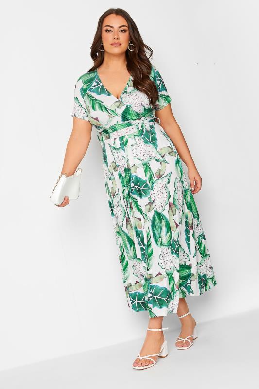 YOURS Curve Plus Size White Leaf Print Maxi Wrap Dress | Yours Clothing  2