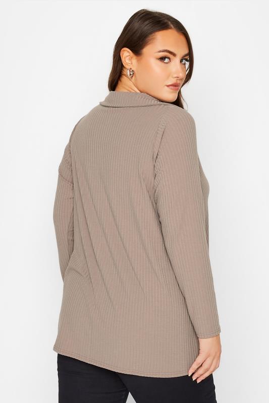 Curve Beige Brown Long Sleeve V Neck Collar Top | Yours Clothing 3