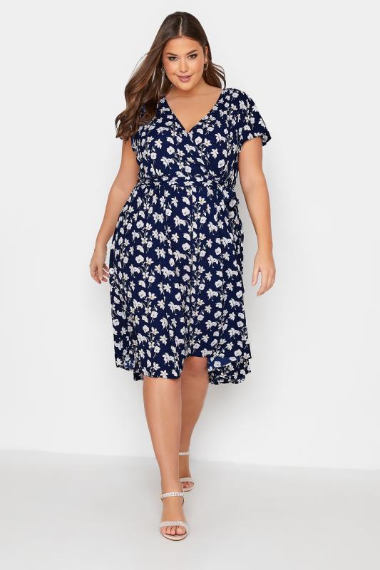 YOURS LONDON Plus Size Navy Blue Floral High Low Wrap Dress | Yours Clothing  2