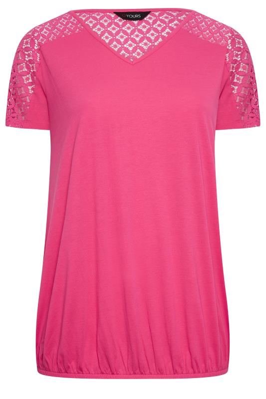 YOURS Plus Size Pink Lace Sleeve Bubble Hem T-Shirt | Yours Clothing 6