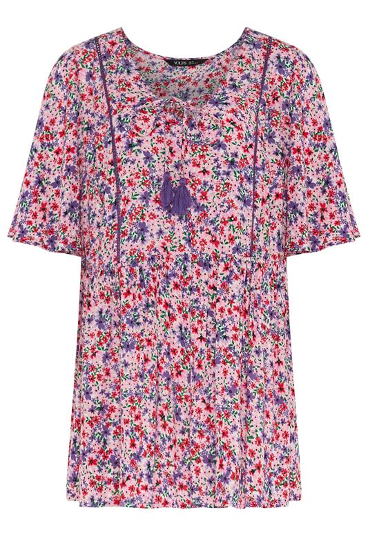 YOURS Plus Size Ditsy Pink Tie Neck Top | Yours Clothing 5