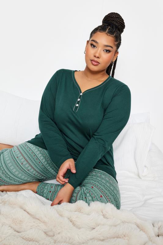 YOURS Plus Size Green Fairisle Print Pyjama Set | Yours Clothing 2