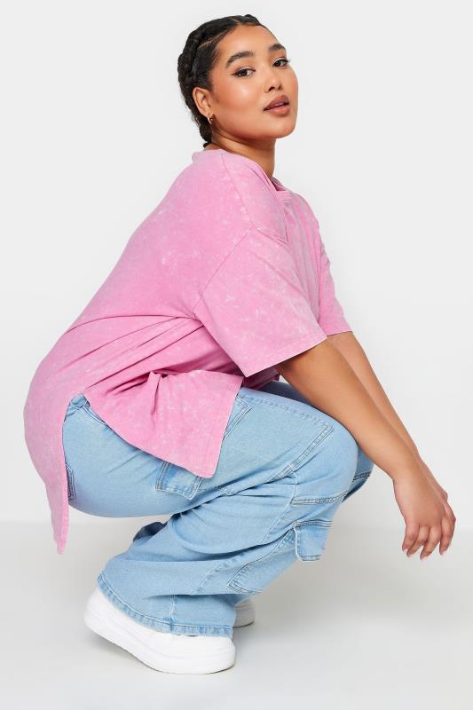 YOURS Plus Size Pink Acid Wash Split Hem Oversized T-Shirt | Yours Clothing 4