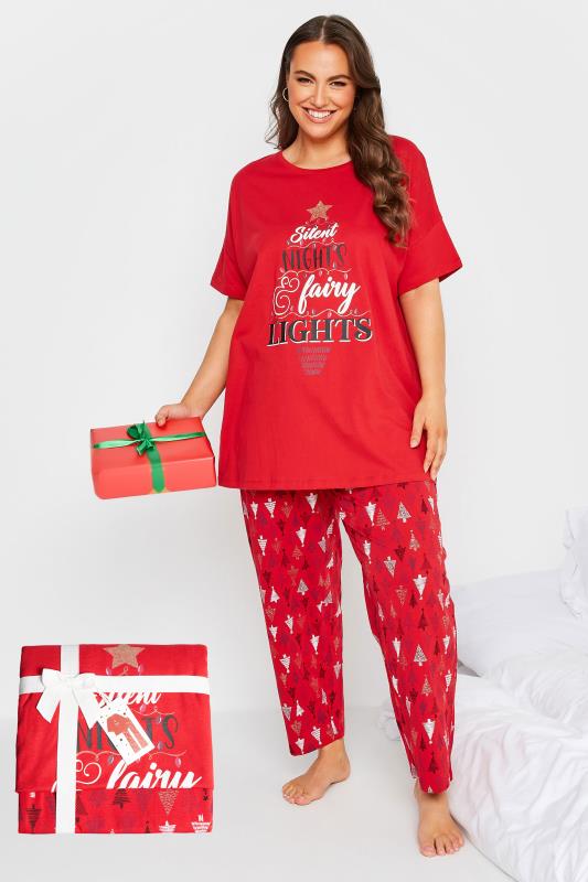 Plus Size Red 'Silent Nights & Fairy Lights' Christmas Pyjama Gift Set | Yours Clothing 1