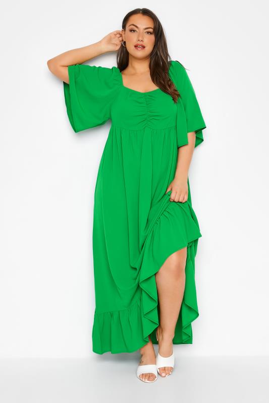 LIMITED COLLECTION Curve Green Ruched Angel Sleeve Dress_D.jpg