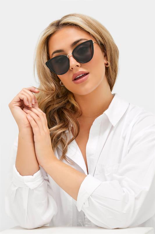 Plus Size Black & Gold Oversized Cat Eye Sunglasses | Yours Clothing 1