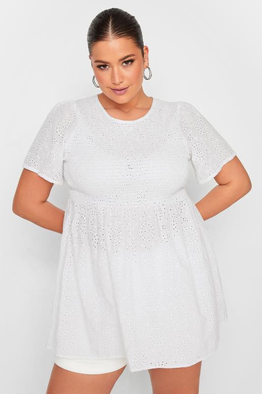 YOURS Plus Size White Broderie Anglaise Shirred Top | Yours Clothing 1