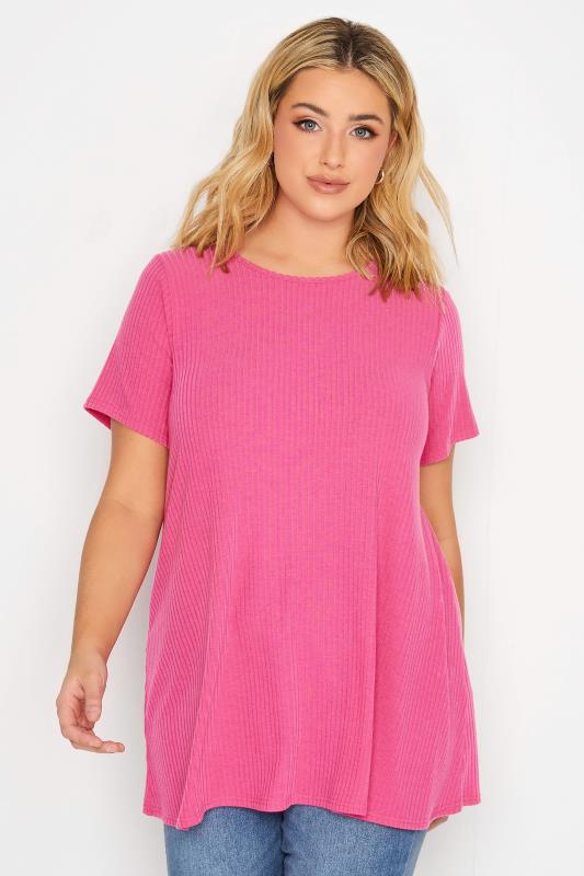 YOURS Curve Plus Size Bright Pink Ribbed T-Shirt | Yours Clothing  1