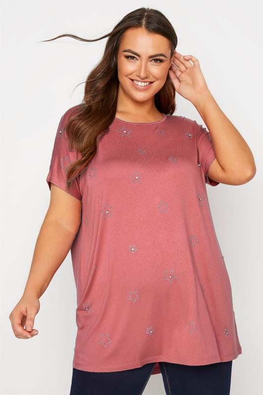 Plus Size Pink Diamante Star Print T-Shirt | Yours Clothing 1