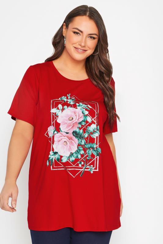 YOURS Curve Plus Size Red Floral Foil Print T-Shirt | Yours Clothing  1