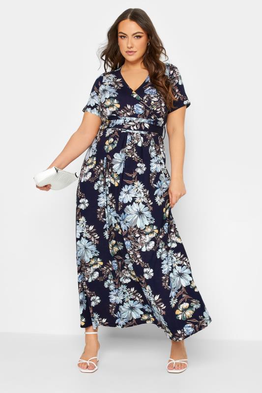 YOURS Plus Size Navy Blue Floral Wrap Front Tie Maxi Dress | Yours Clothing 2