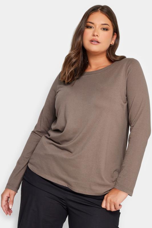 YOURS Curve Plus Size Light Brown Long Sleeve Basic Top | Yours Clothing  1