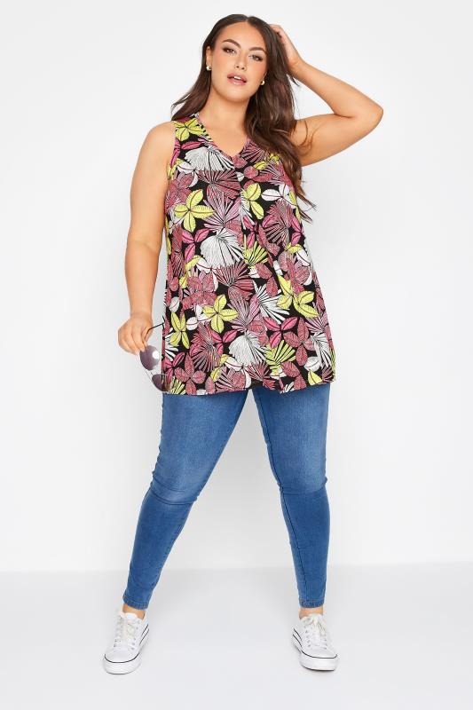 Plus Size Black Tropical Print Swing Vest Top | Yours Clothing 2