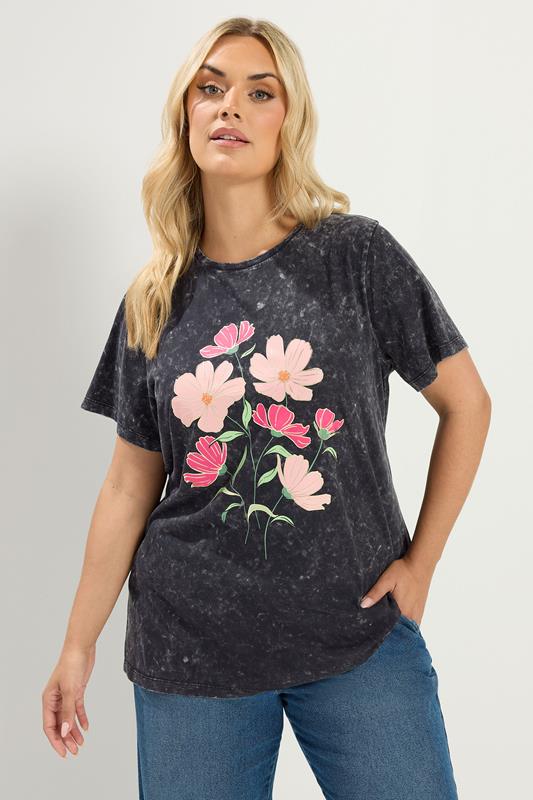YOURS Plus Size Grey Acid Wash Flower T-Shirt | Yours Clothing 1