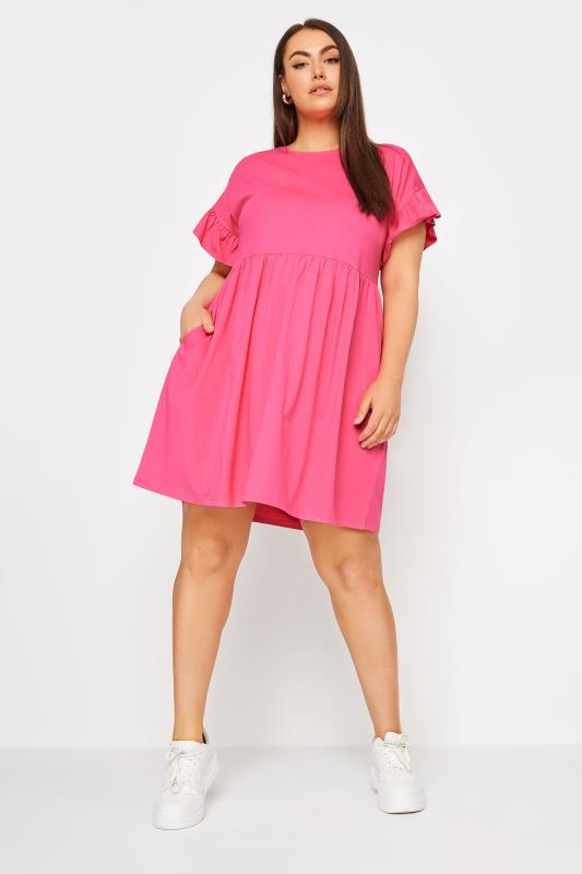 YOURS Plus Size Pink Frill Sleeve Smock Tunic Dress | Yours Clothing 1