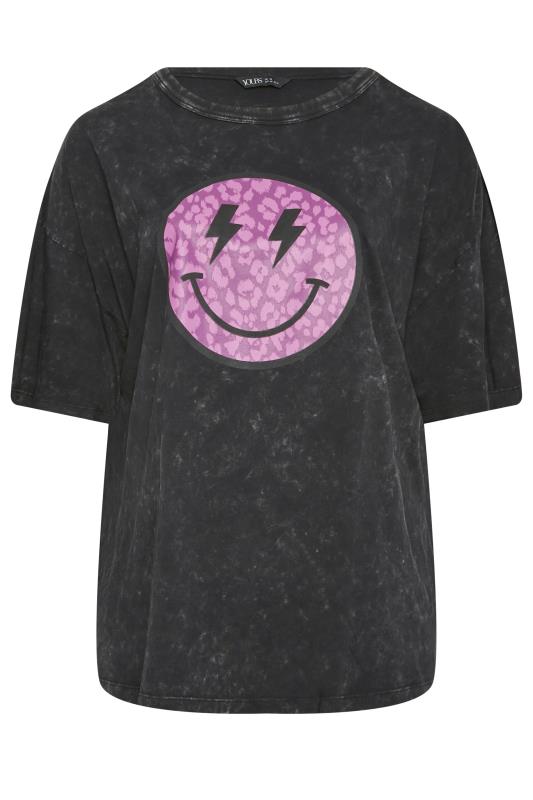 YOURS Curve Plus Size Charcoal Grey & Purple Leopard Print Smiley Face T-Shirt | Yours Clothing  6