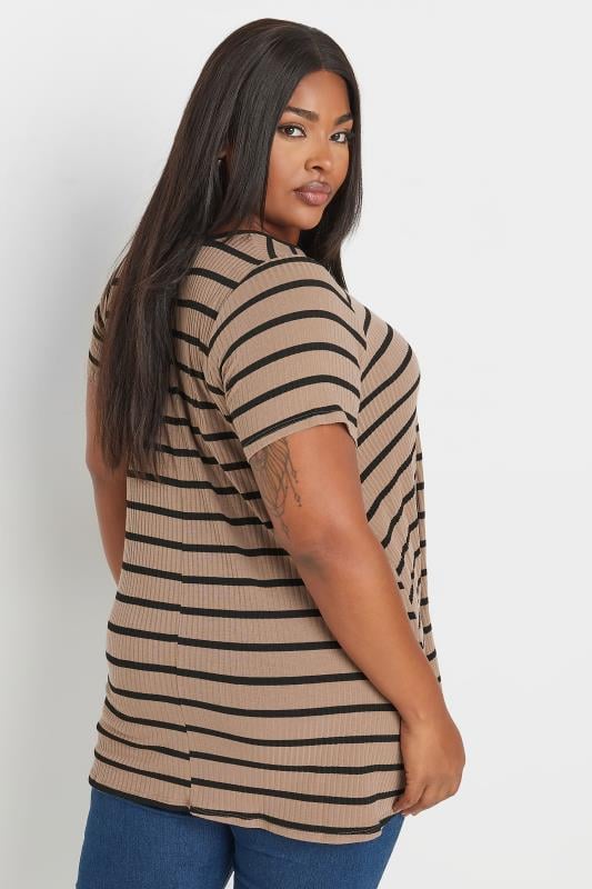 YOURS Plus Size Brown Stripe Ribbed Swing T-Shirt | Yours Clothing  3