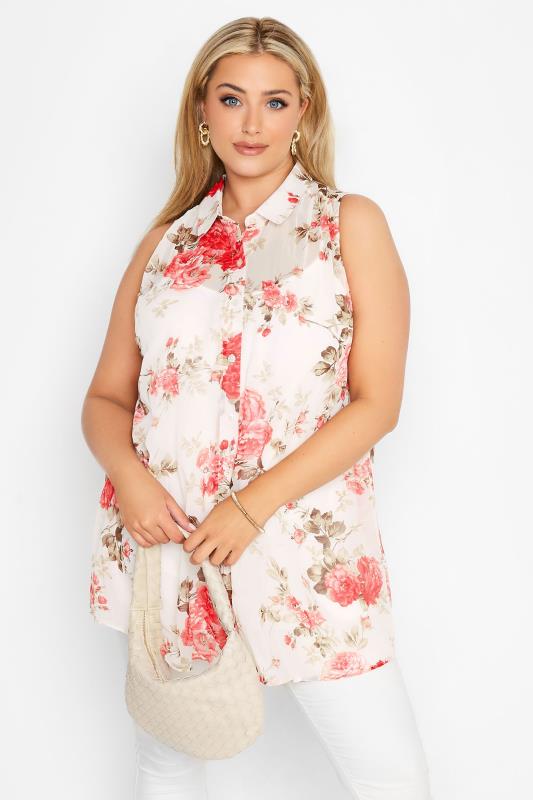 Curve White Floral Sleeveless Swing Blouse 1