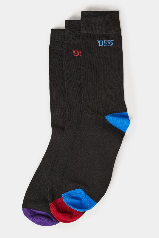  Grande Taille D555 3 PACK Black Contrasting Heel Cotton Blend Socks