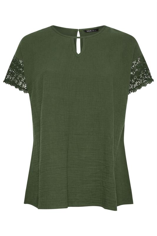 YOURS Plus Size Khaki Green Cheesecloth Crochet Top | Yours Clothing 5