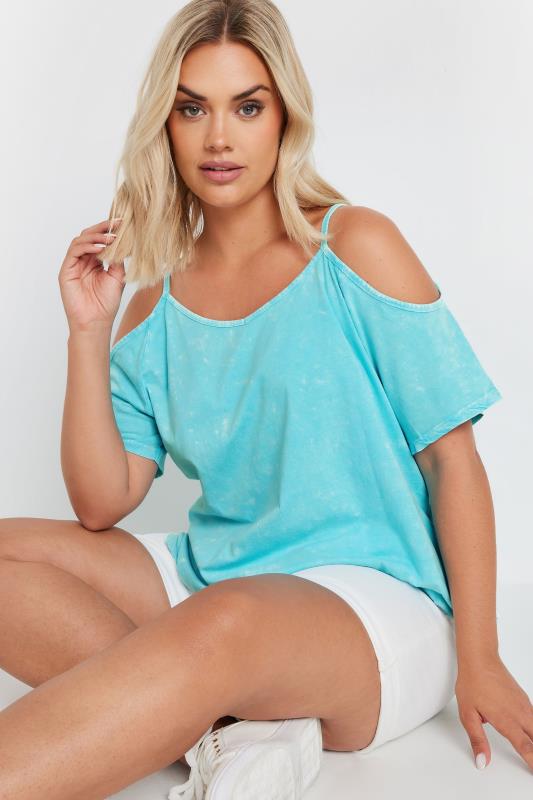 YOURS Plus Size Blue Acid Wash Cold Shoulder Top | Yours Clothing 4