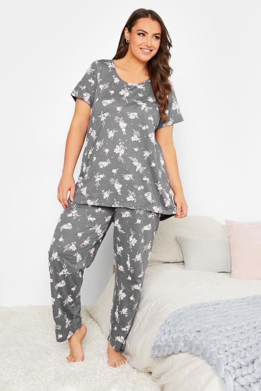 Curve Grey Floral Print Wide Leg Pyjama Bottoms 3