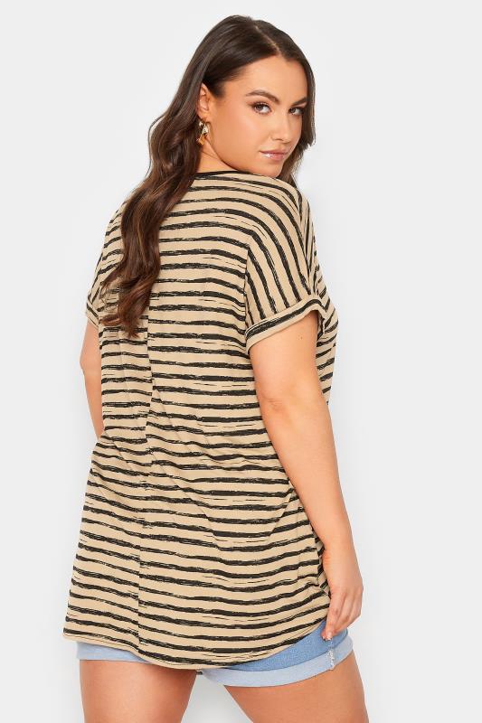 YOURS Plus Size Brown Stripe Print Dipped Hem T-Shirt | Yours Clothing 3