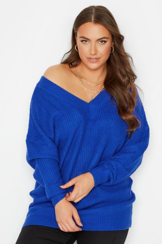Plus Size Cobalt Blue V-Neck Knitted Jumper | Yours Clothing 1