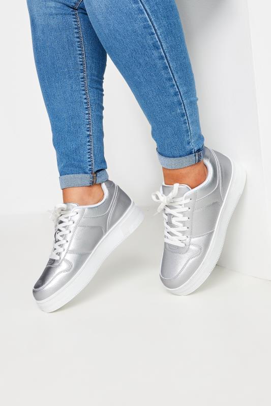 Silver Metallic Chunky Lace Up Trainers In Wide E Fit | Yours Clothing 1