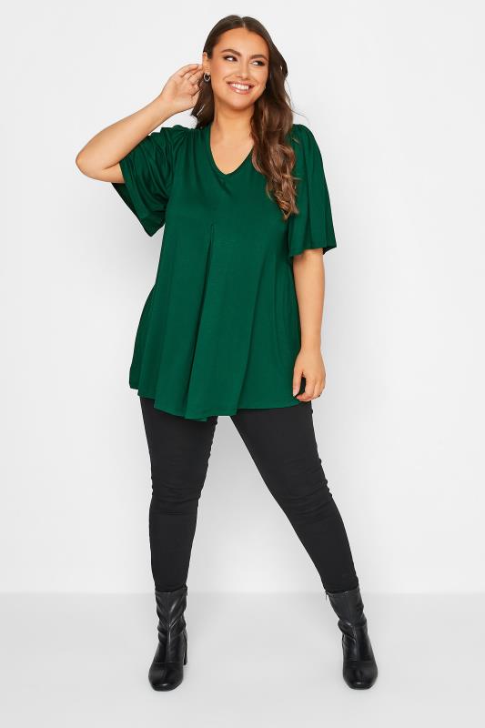 Plus Size Forest Green Pleat Angel Sleeve Swing Top | Yours Clothing 2