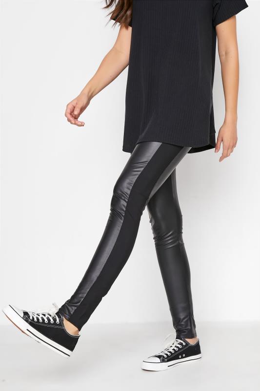 Tall Black Side Stripe Faux Leather Leggings 1
