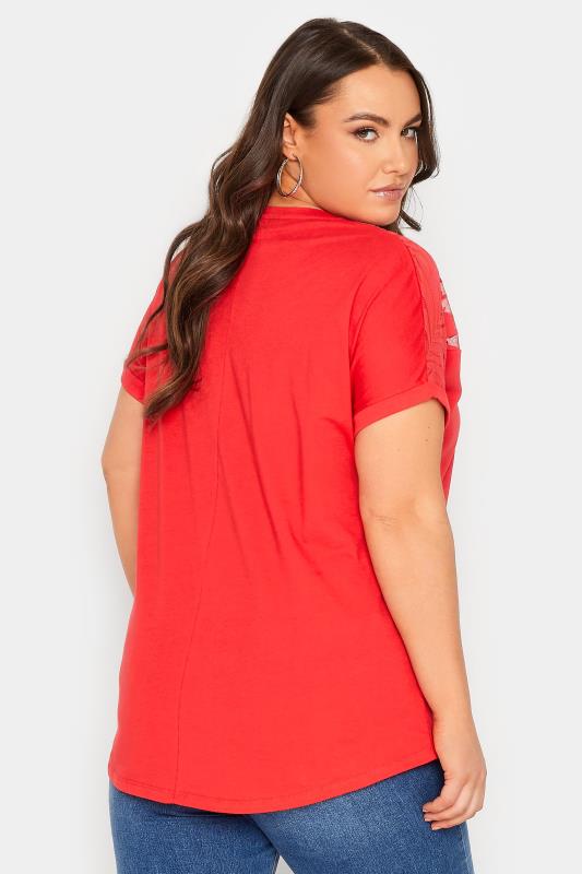 YOURS Plus Size Red Floral Mesh Panel T-Shirt | Yours Clothing 3