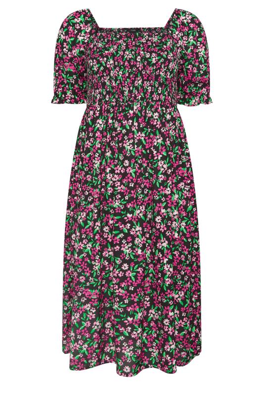 YOURS Plus Size Black & Pink Ditsy Floral Print Shirred Midaxi Dress | Yours Clothing 6