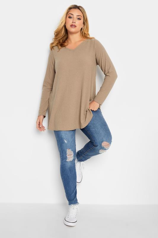 Plus Size Beige Brown Long Sleeve Ribbed Swing Top | Yours Clothing 2